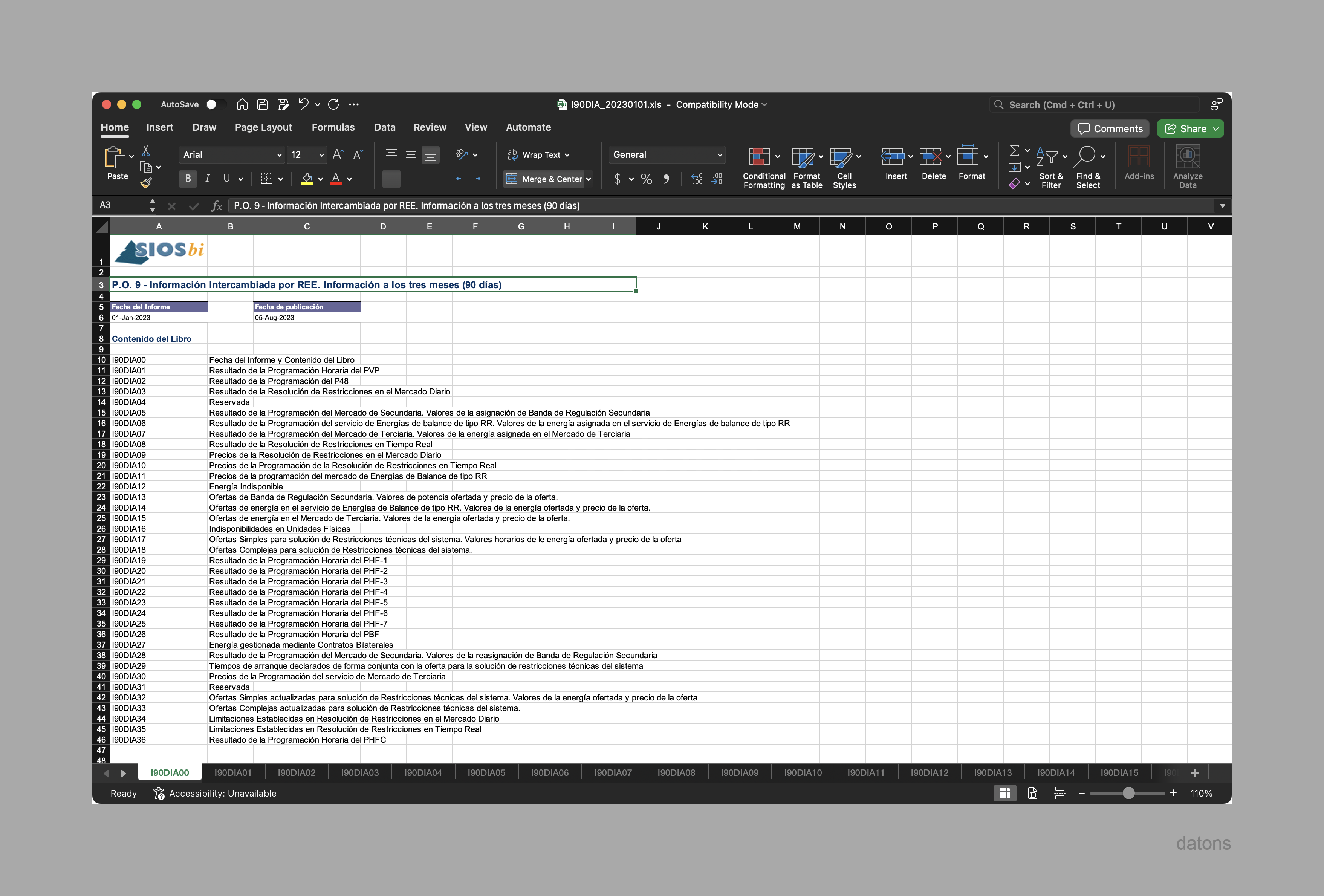 Structure of an I90 file in Excel