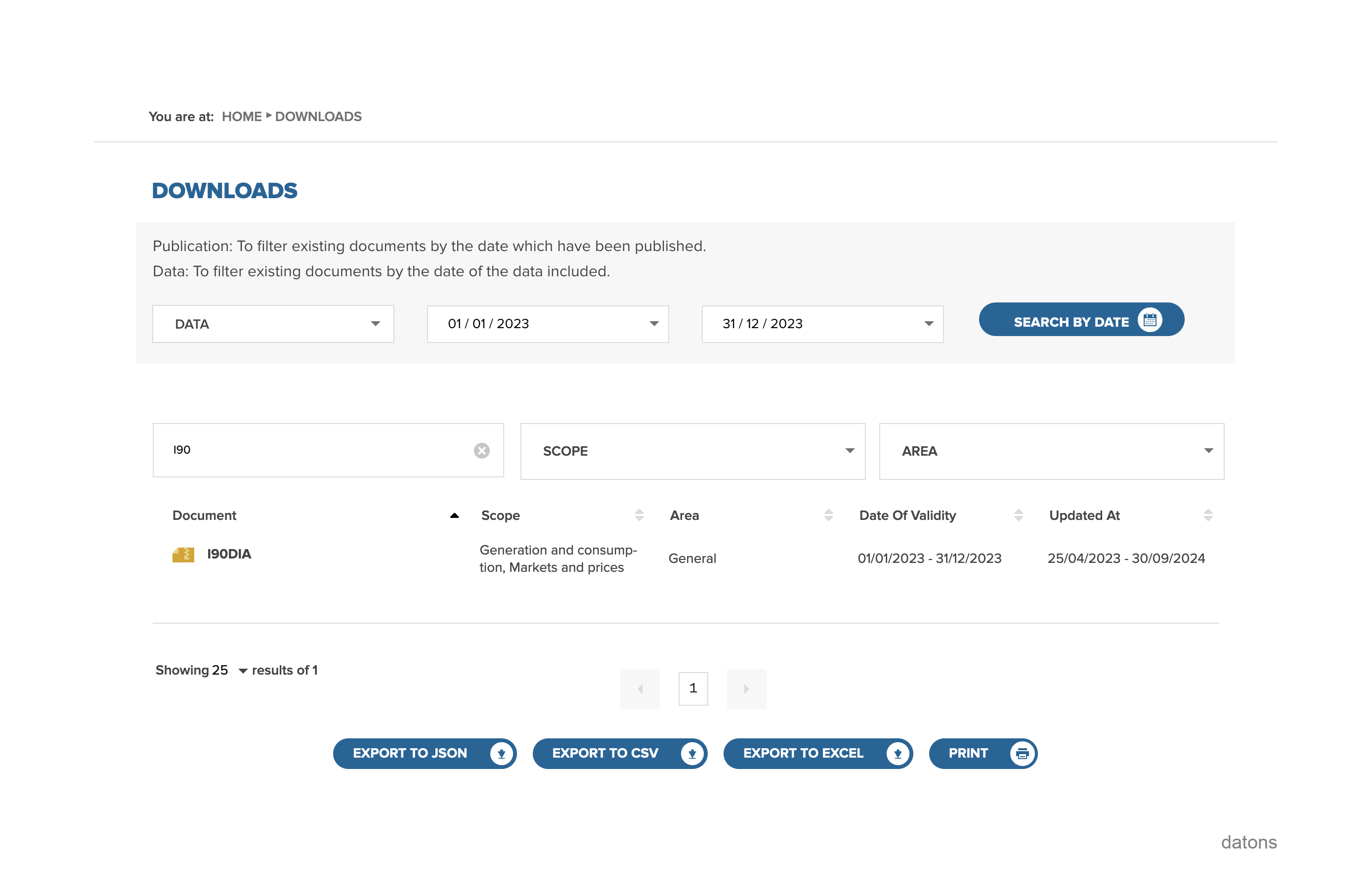 Search for I90 files on the REE website