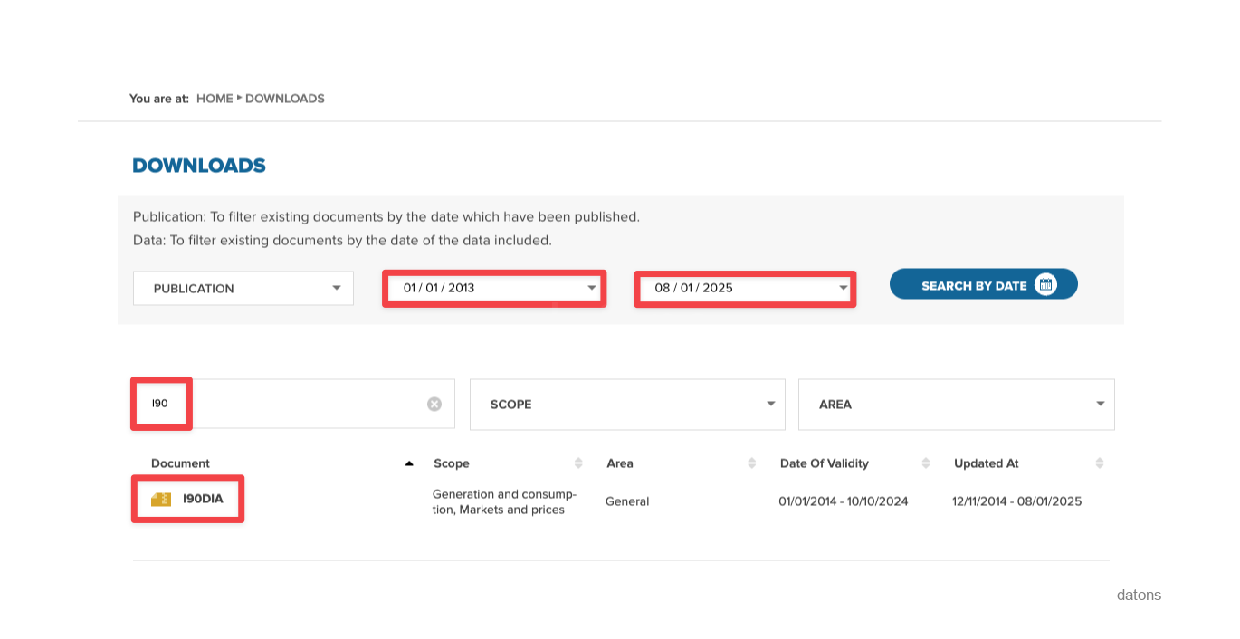 Interfaz de búsqueda de archivos I90 en la web de REE