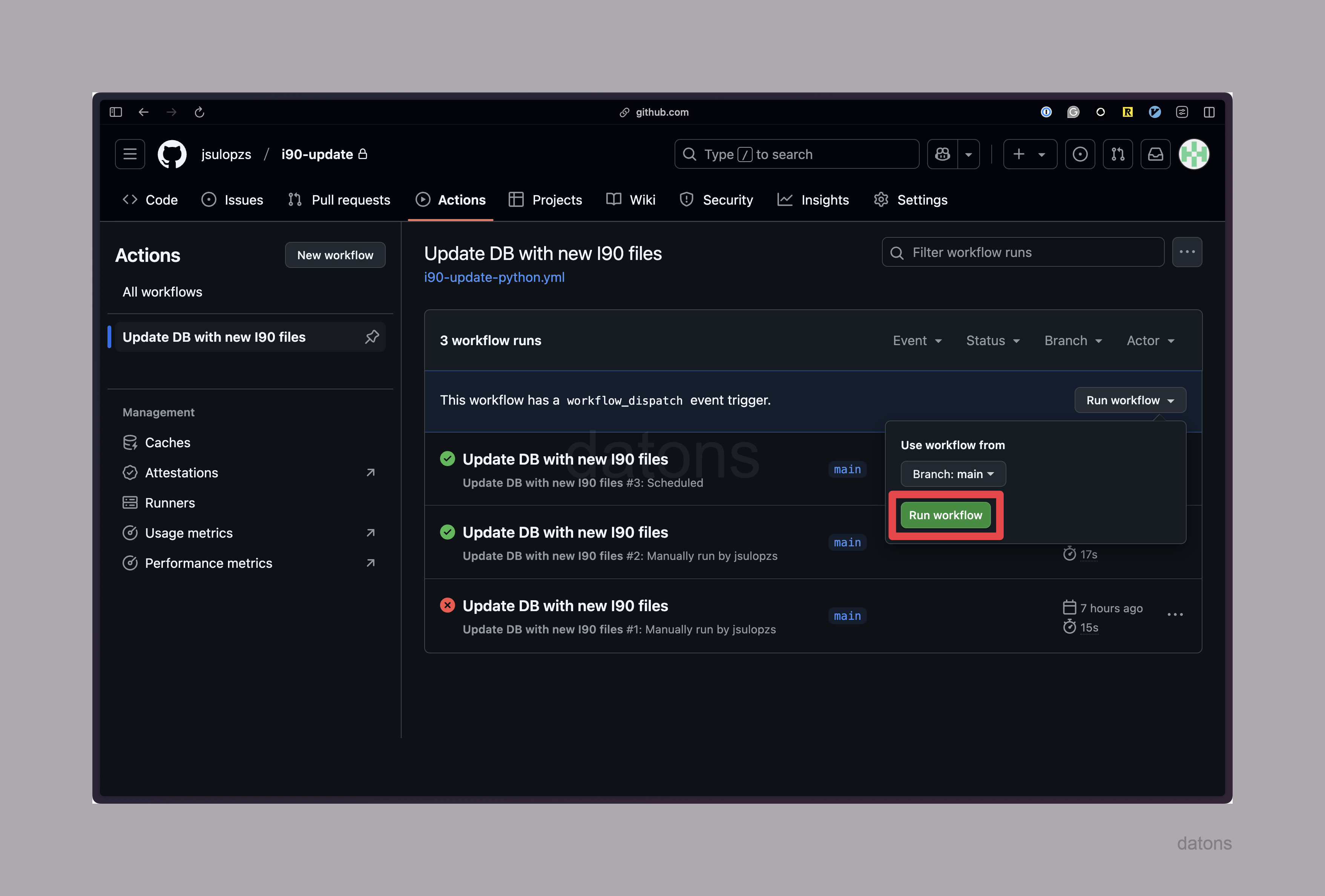 GitHub Actions interface showing the option to manually run the workflow